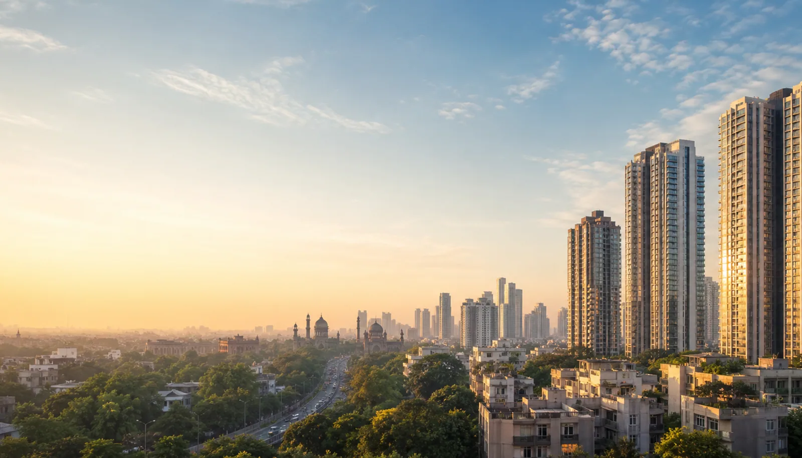 Warm panoramic view of a modern Indian city with residential towers and heritage architecture