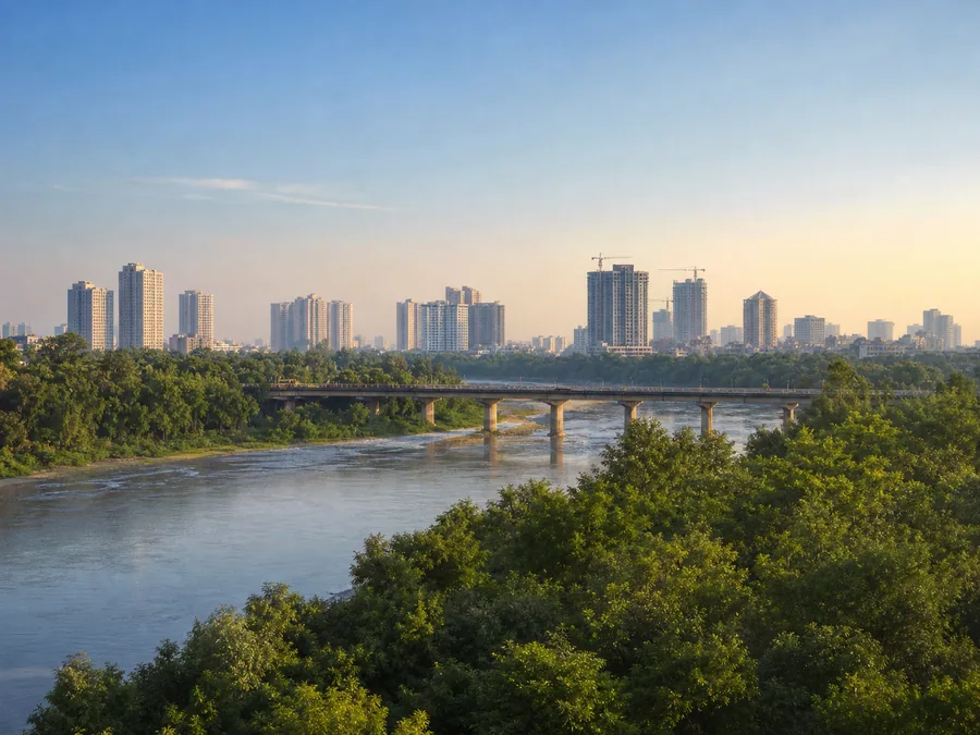 City forest and modern skyline in Ghaziabad