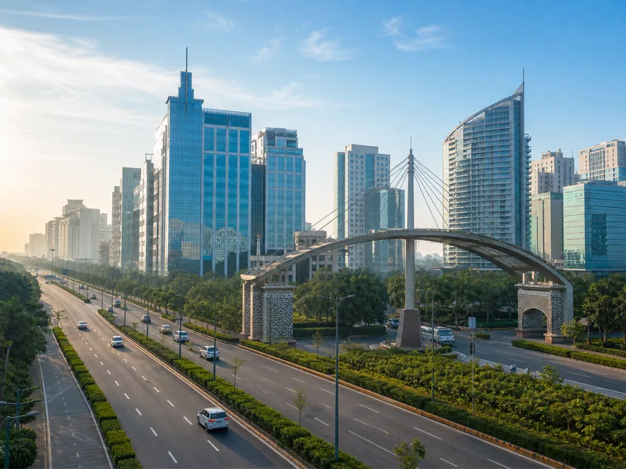Modern high-rise cityscape and landscaped boulevard in Noida