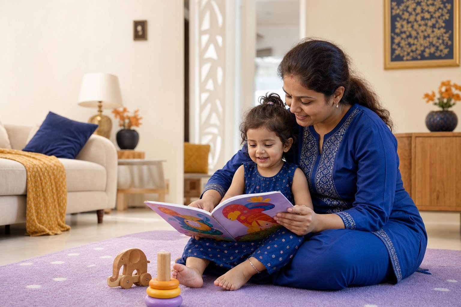 Indian nanny reading with a toddler at home