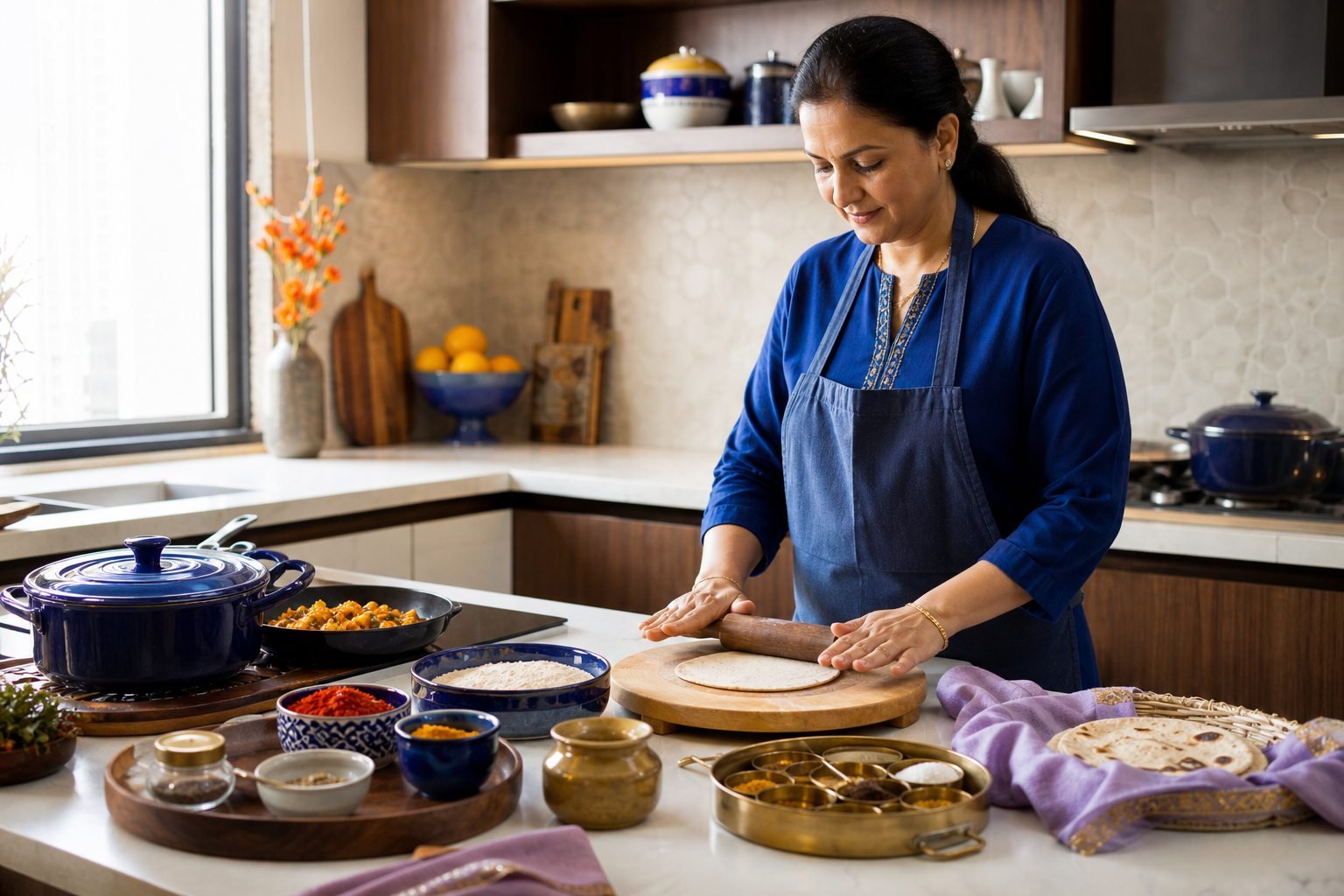 Indian home cook preparing rotis in a modern kitchen