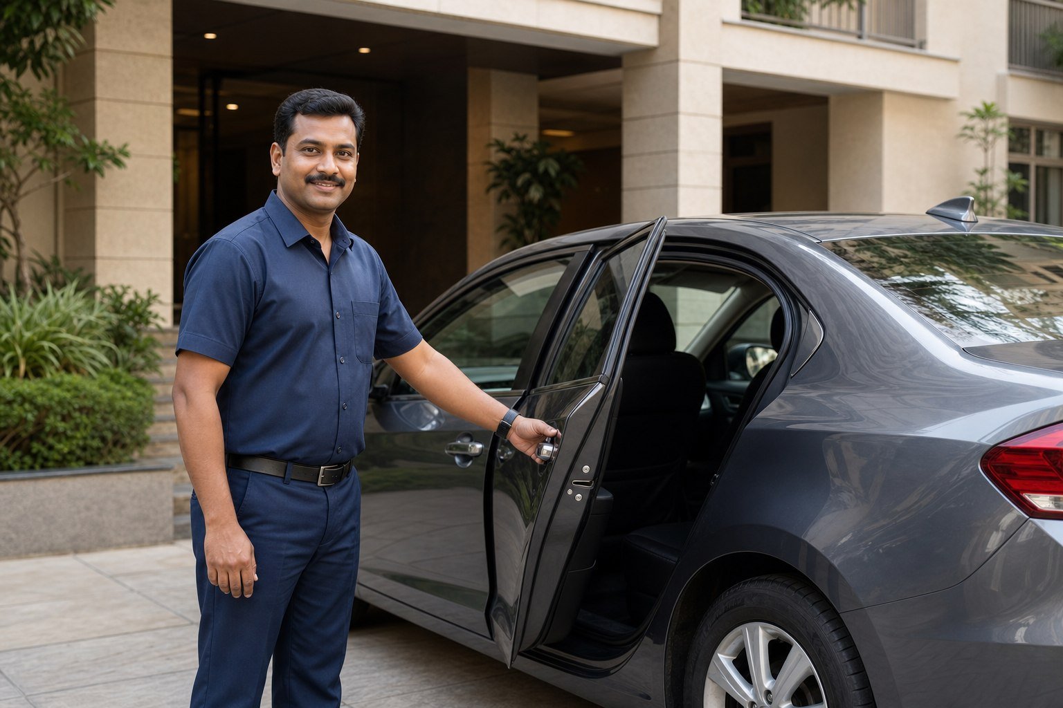 Professional Indian family driver opening a car door at a Pune residence