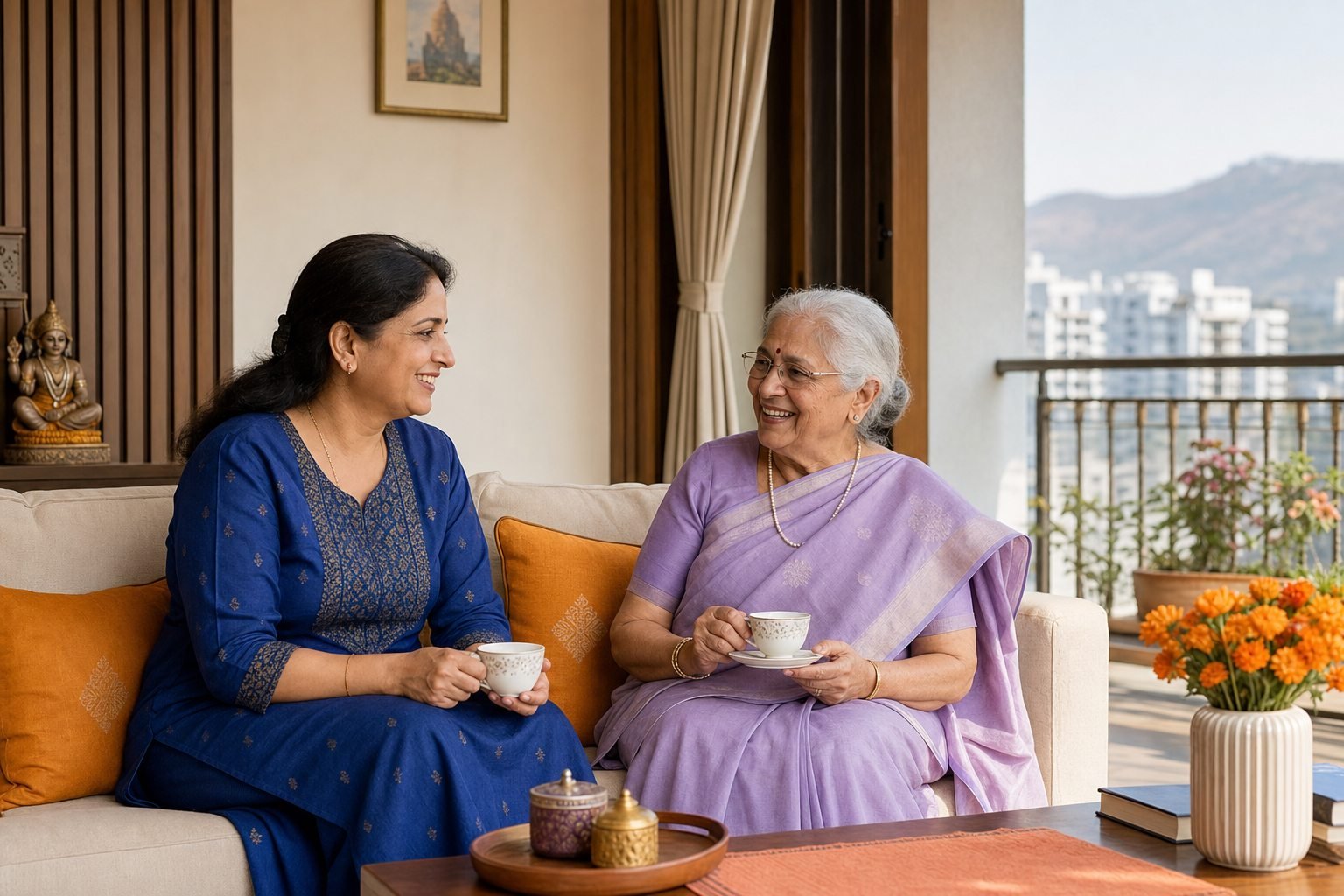 Indian elder caregiver sharing tea and conversation with a senior