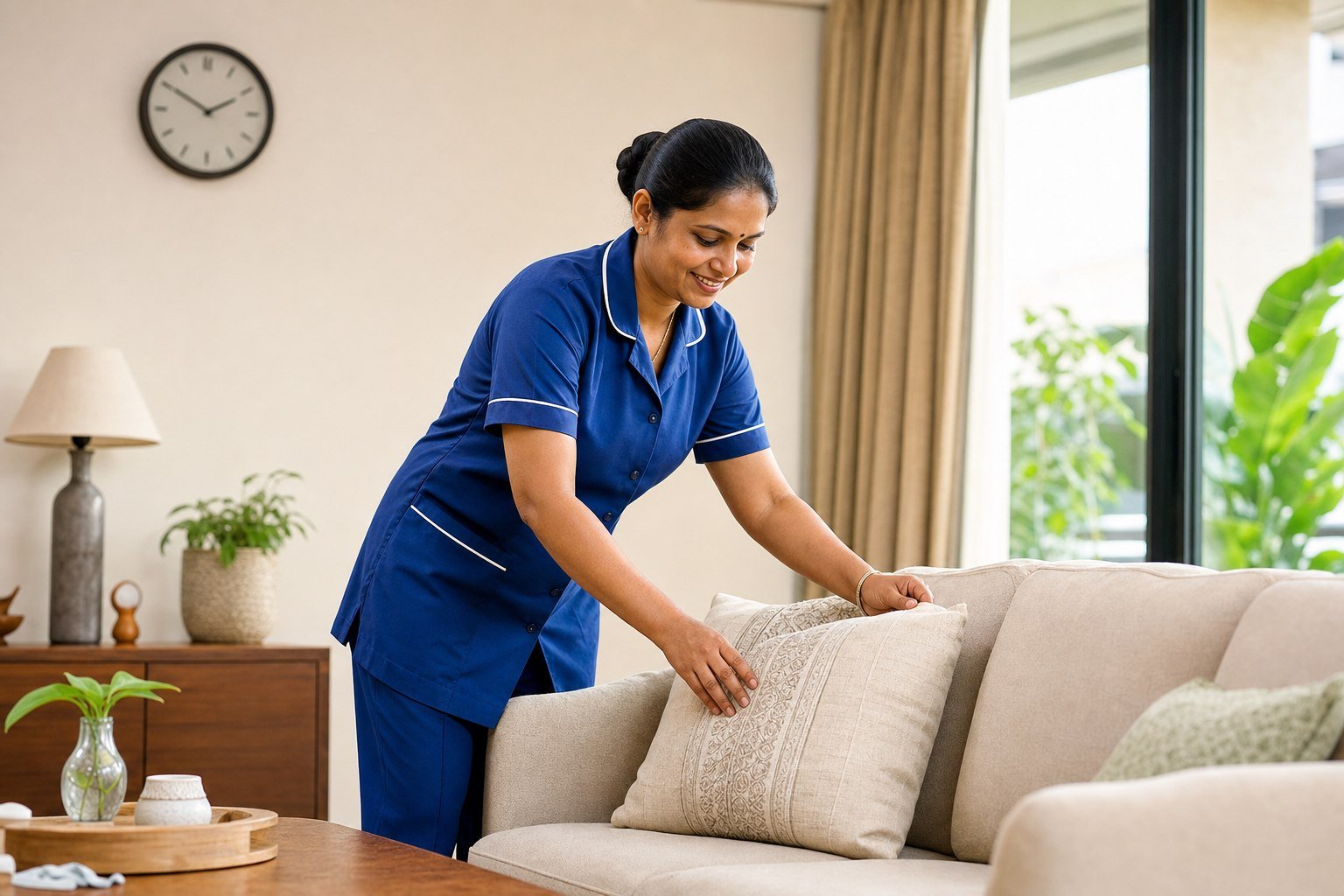 Indian home helper working a flexible household shift in a modern living room