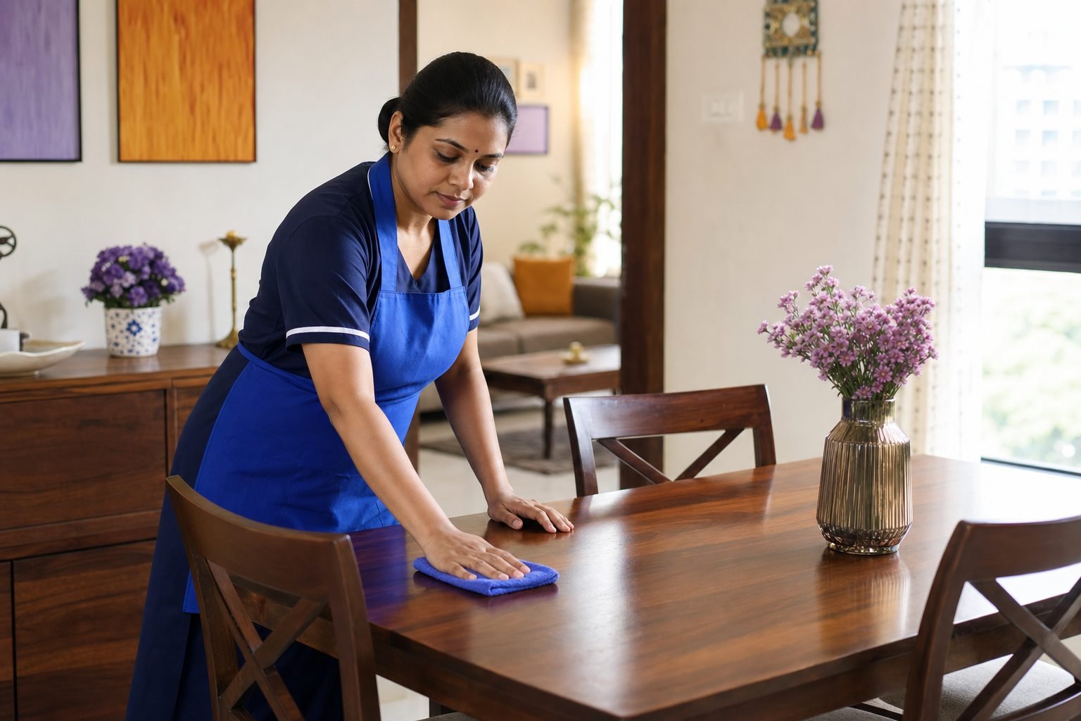 Indian house maid professionally cleaning a dining table