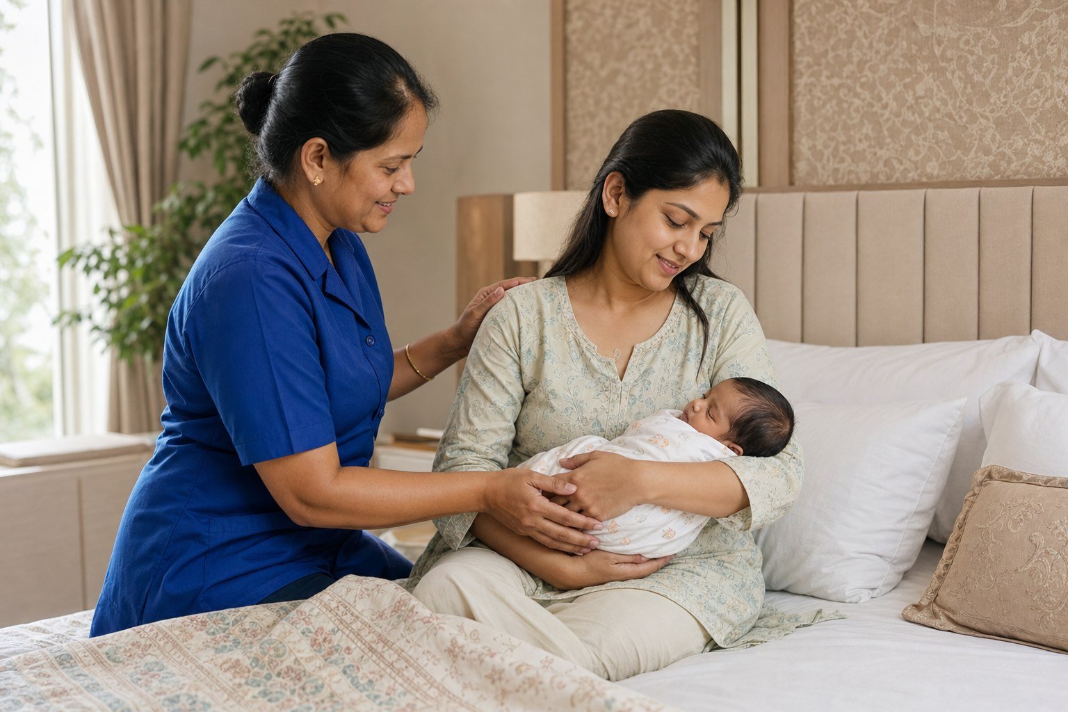 Experienced Indian Japa maid supporting a new mother and newborn at home